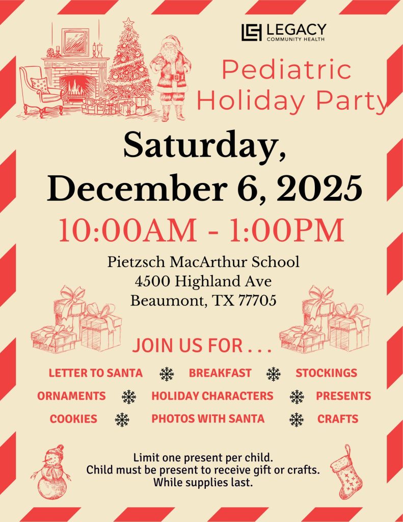 Pediatric Holiday Party flyer: Dec 6, 2025, 10AM–1PM at Pietzsch MacArthur School, Beaumont. Photos with Santa, crafts.