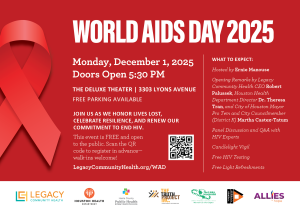 World AIDS Day 2025 flyer: Event Dec 1 at Deluxe Theater, free HIV testing, panel, candlelight vigil.
