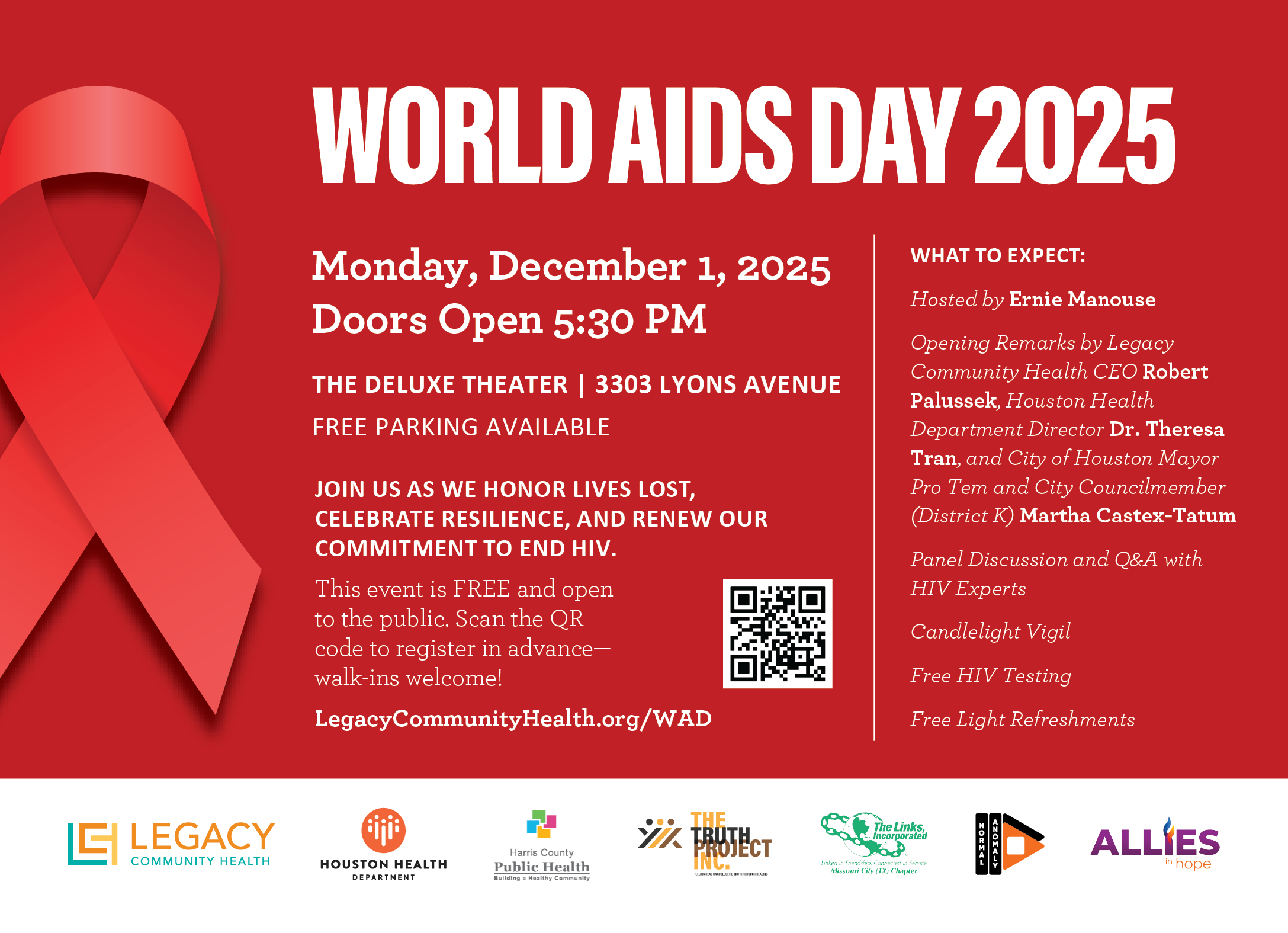 World AIDS Day 2025 flyer: Event Dec 1 at Deluxe Theater, free HIV testing, panel, candlelight vigil.