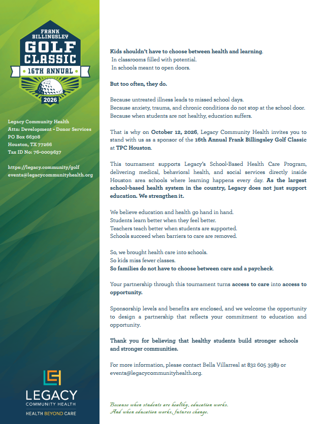 Promotional flyer for Legacy Community Health Golf Classic—16th Annual, 2026, with event description, sponsorship info, and contact details.