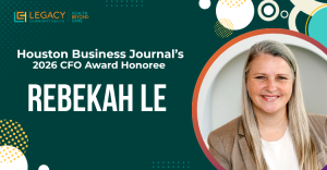 Portrait of Rebekah Le smiling on an awards banner announcing Houston Business Journal's 2026 CFO Award Honoree on a teal background.