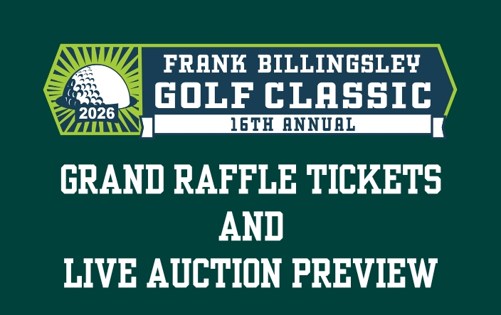Banner announcing the Frank Billingsley Golf Classic, 16th Annual, with 'Grand Raffle Tickets and Live Auction Preview' and a golf-logo with 2026.