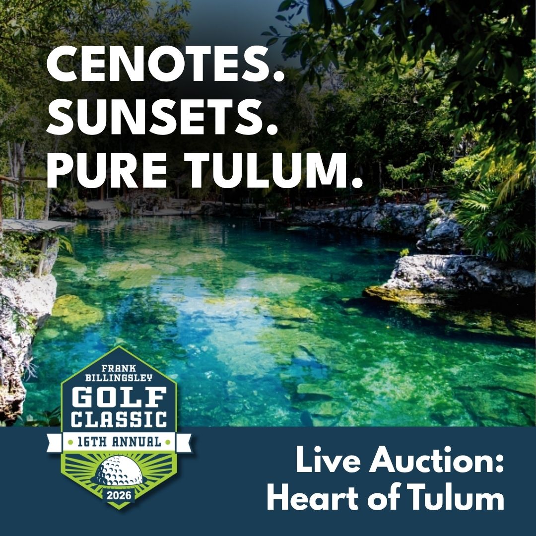Promotional poster for Frank Billingsley Golf Classic 16th Annual featuring a turquoise cenote and live auction: Heart of Tulum.