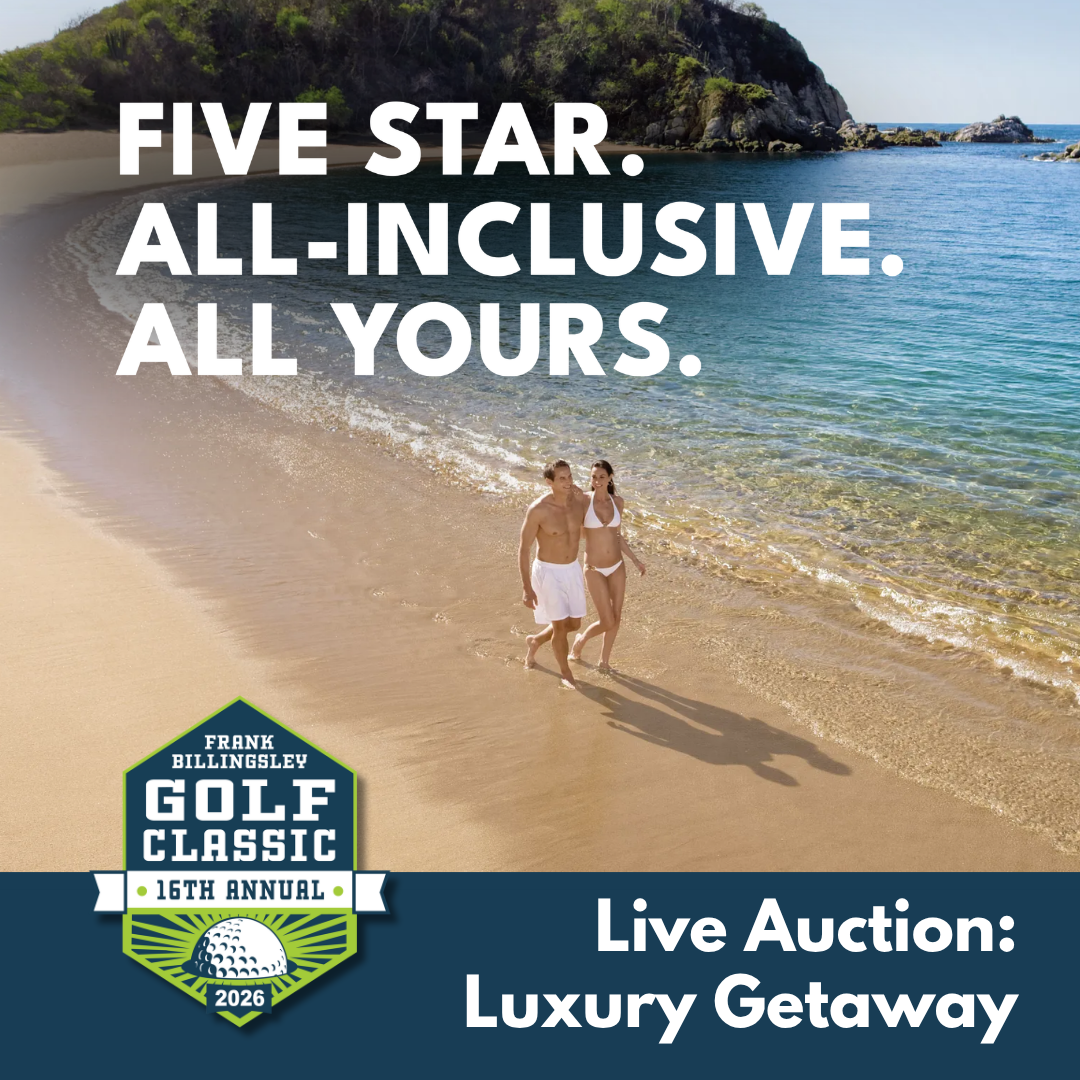 Couple walking on a sunny beach with bold white headline text promoting a five-star, all-inclusive luxury getaway auction for the Frank Billingsley Golf Classic.