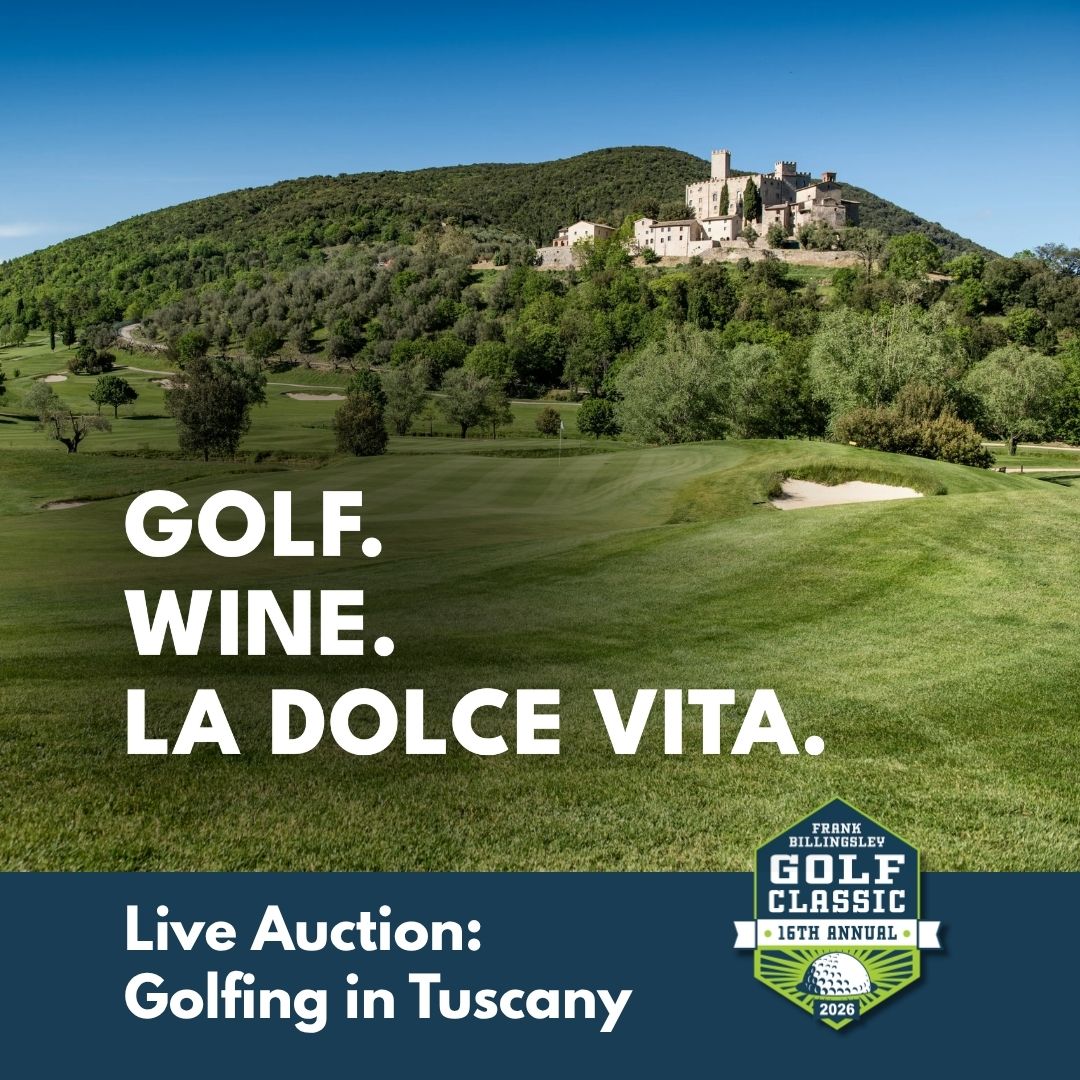Scenic Tuscany golf course with a hilltop castle; bold text says 'GOLF. WINE. LA DOLCE VITA.' and a dark banner reads 'Live Auction: Golfing in Tuscany' with a golf classic logo.