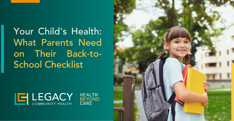 Two-panel image: teal panel with a child-health back-to-school checklist and a logo on the left, plus a smiling girl with a backpack and books outdoors on the right.
