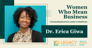 Portrait of Dr. Erica Giwa, smiling, wearing a leopard-print blouse and black cardigan, on a 'Women Who Mean Business' banner for Legacy Health.