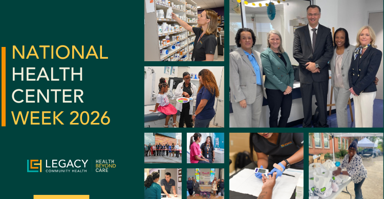Collage celebrating National Health Center Week 2026 with staff photos, patient care activities, and the Legacy Community Health logo.