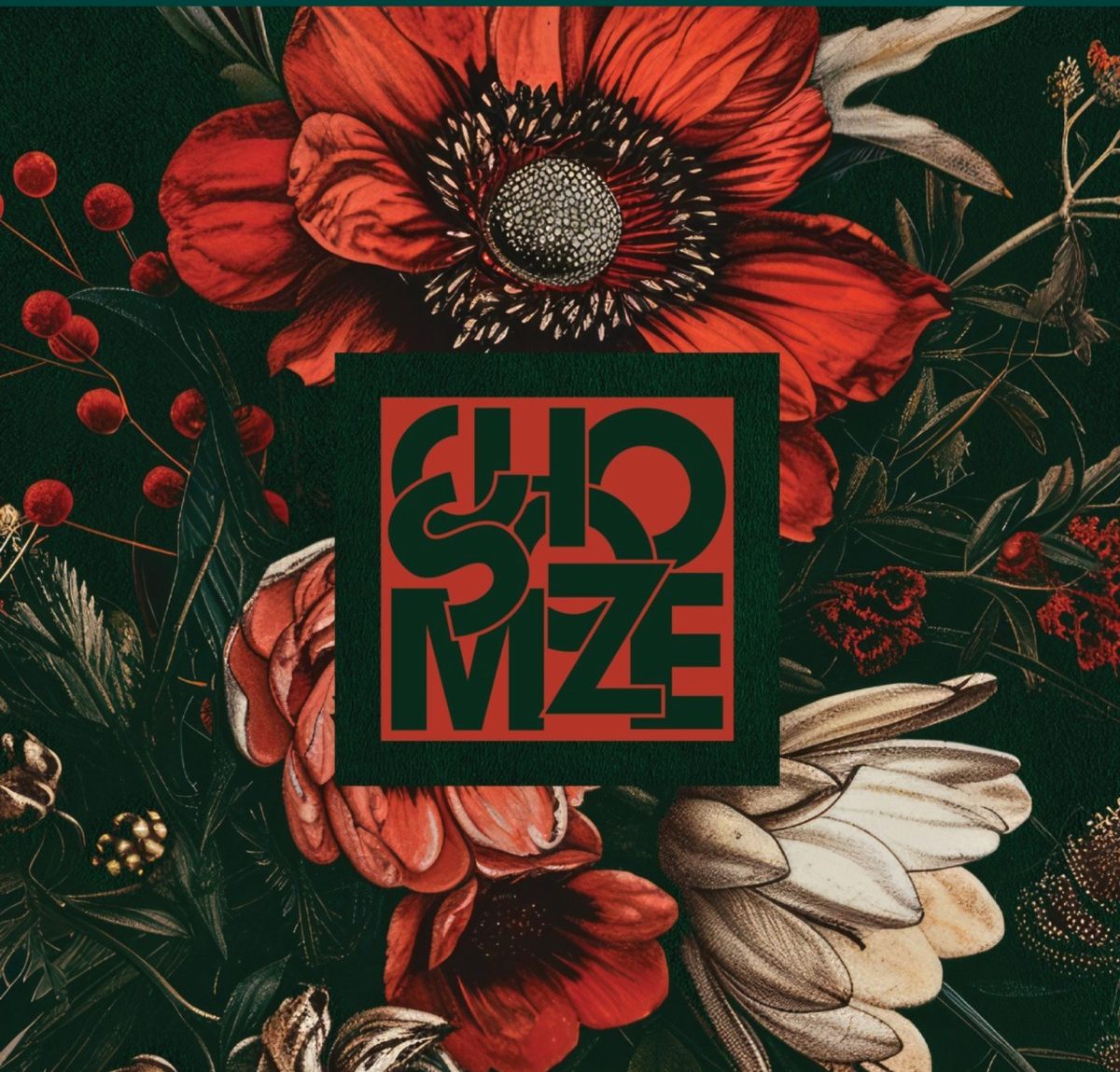 Vintage-style floral graphic featuring large red, cream, and coral flowers and dark green foliage. A dark green square in the center contains a red-and-green geometric “SCHMOOZE” logo.